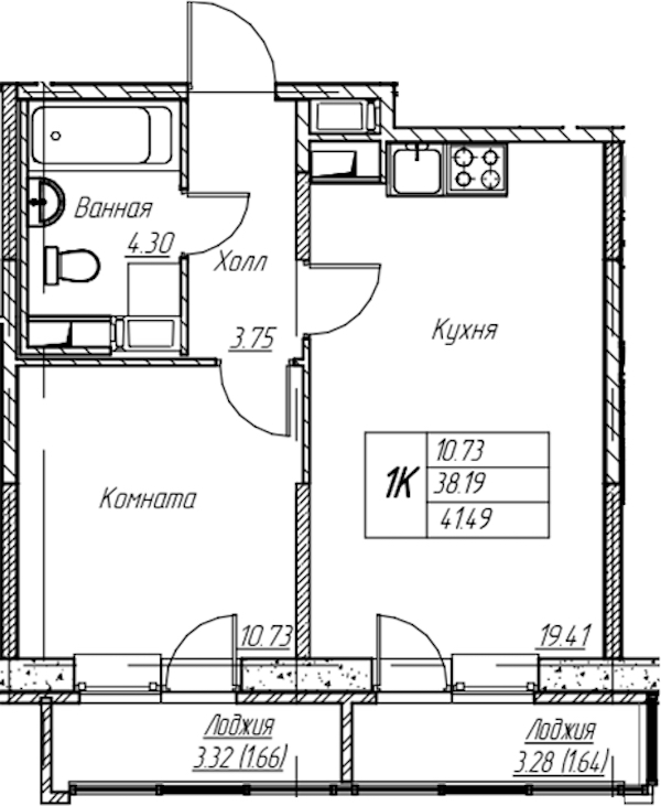 1-комнатная квартира 41.49 м², 14/22 эт., ЖК «Парк-квартал Юнтолово»